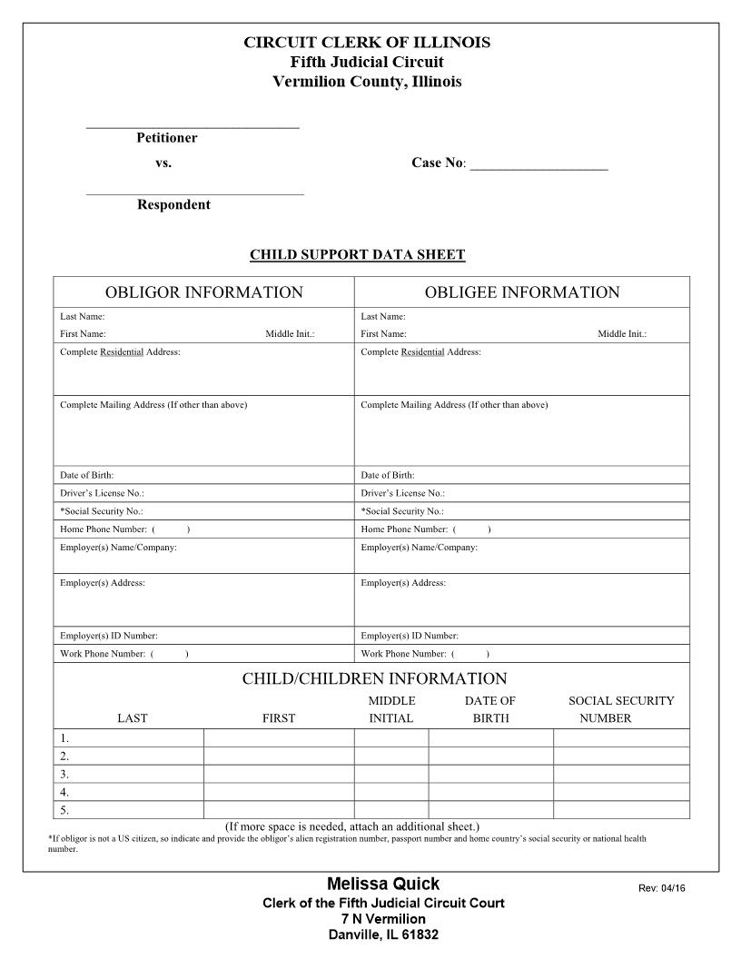 Child Support Data Sheet | Pdf Fpdf Docx | Illinois