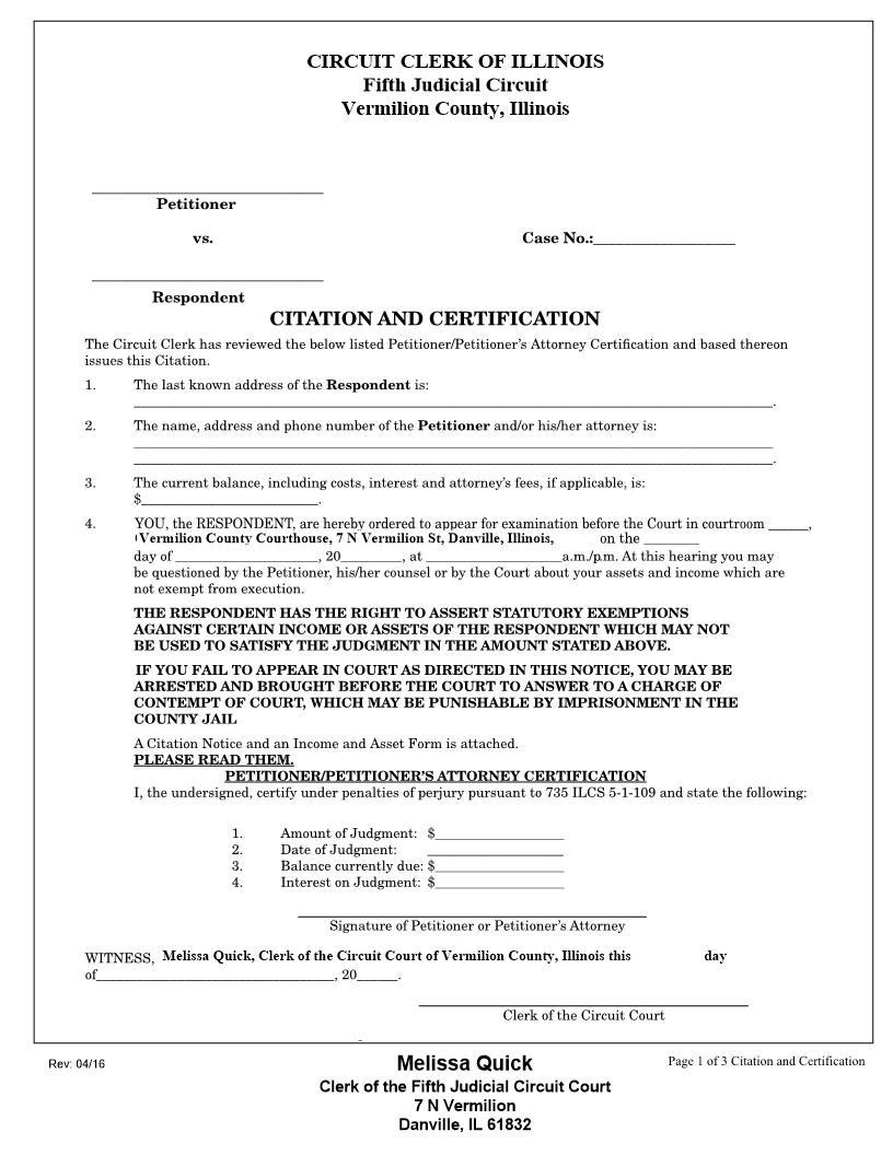 Citation And Certification With Income And Asset Form | Pdf Fpdf Docx | Illinois