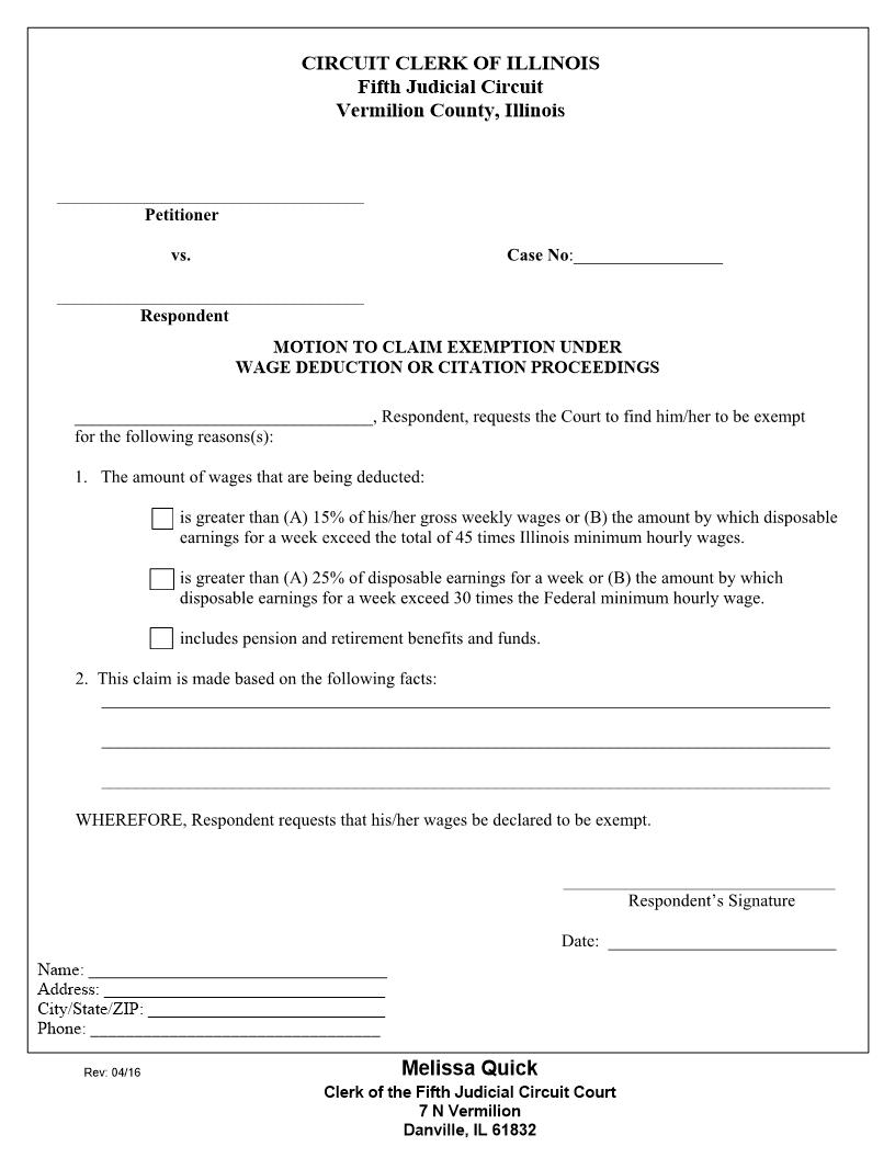 Motion To Claim Exemption Under Wage Deduction Or Citation Proceedings | Pdf Fpdf Docx | Illinois