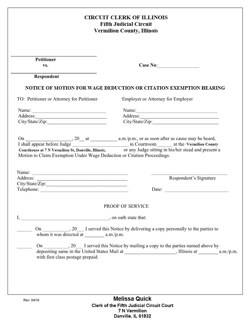 Notice Of Motion For Wage Deduction Or Citation Exemption Hearing | Pdf Fpdf Docx | Illinois
