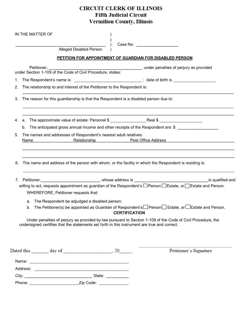 Petition For Appointment Of Guardian For Disabled Person | Pdf Fpdf Docx | Illinois