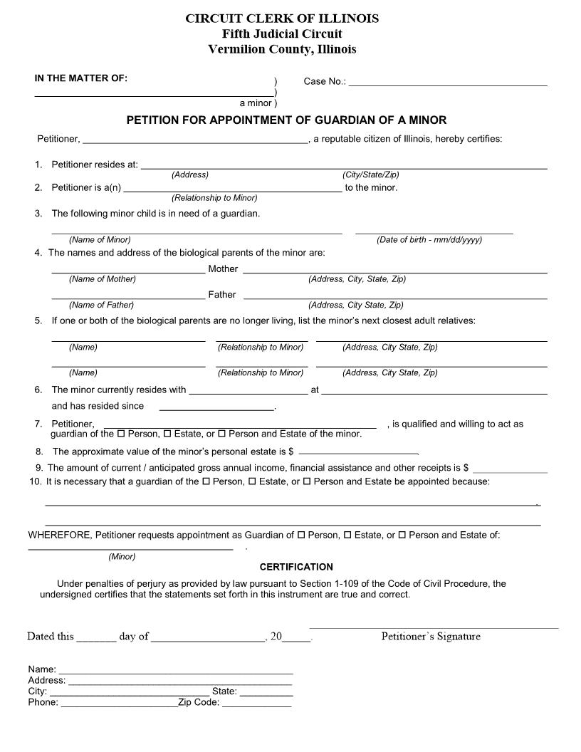 Petition For Appointment Of Guardian Of A Minor | Pdf Fpdf Docx | Illinois