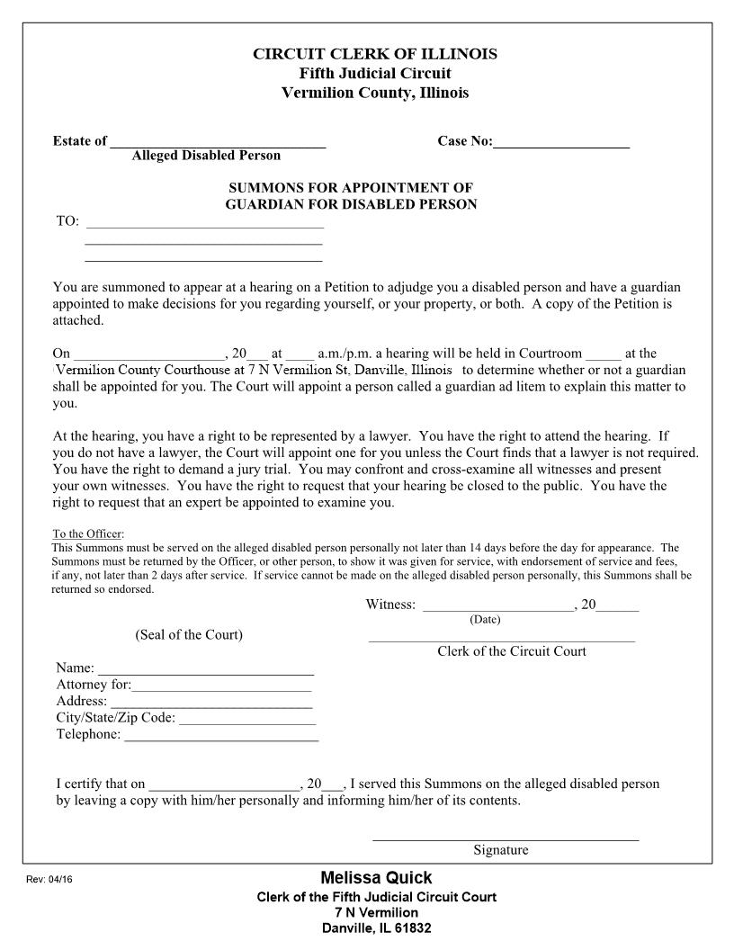 Summons For Appointment Of Guardian For Disabled Person | Pdf Fpdf Docx | Illinois