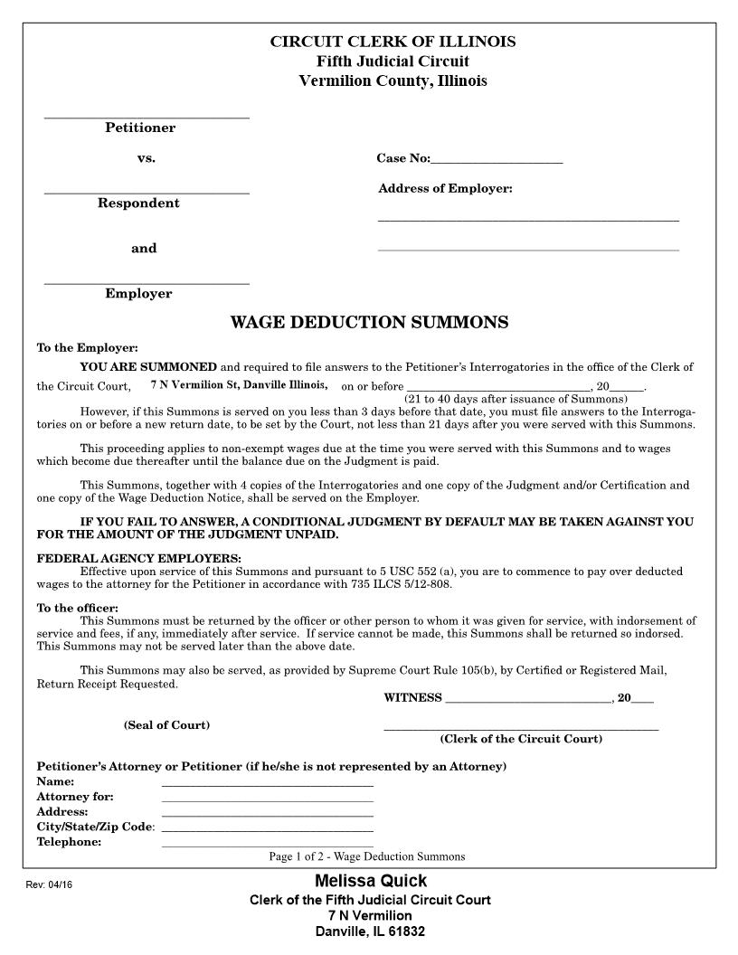 Wage Deduction Summons | Pdf Fpdf Docx | Illinois