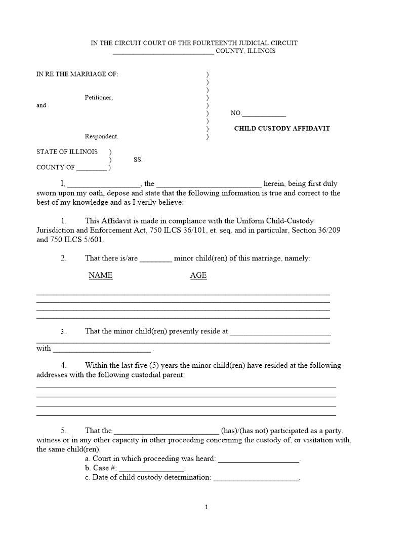 Child Custody Affidavit | Pdf Fpdf Docx | Illinois