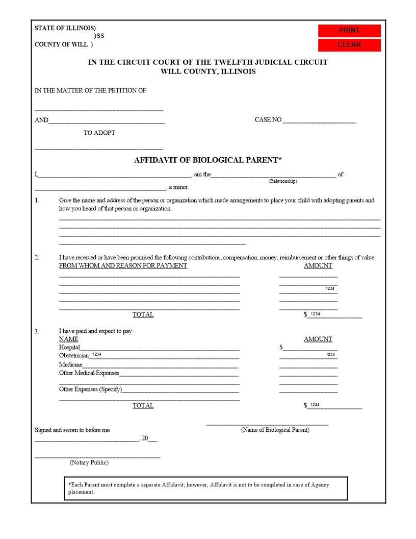Affidavit Of Biological Parent {1A} | Pdf Fpdf Docx | Illinois