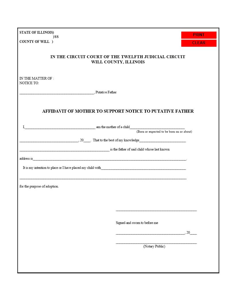 Affidavit Of Mother To Support Notice To Putative Father {1C} | Pdf Fpdf Docx | Illinois