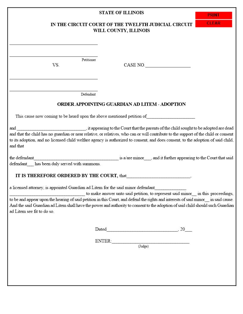 Order Appointing Guardian Ad Litem - Adoption And Answer Of GAL {3B} | Pdf Fpdf Docx | Illinois