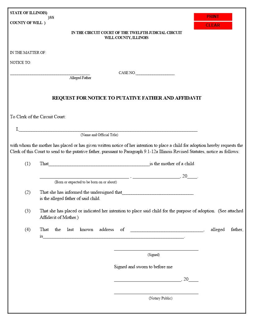 Request For Notice To Putative Father And Affidavit {2F} | Pdf Fpdf Docx | Illinois