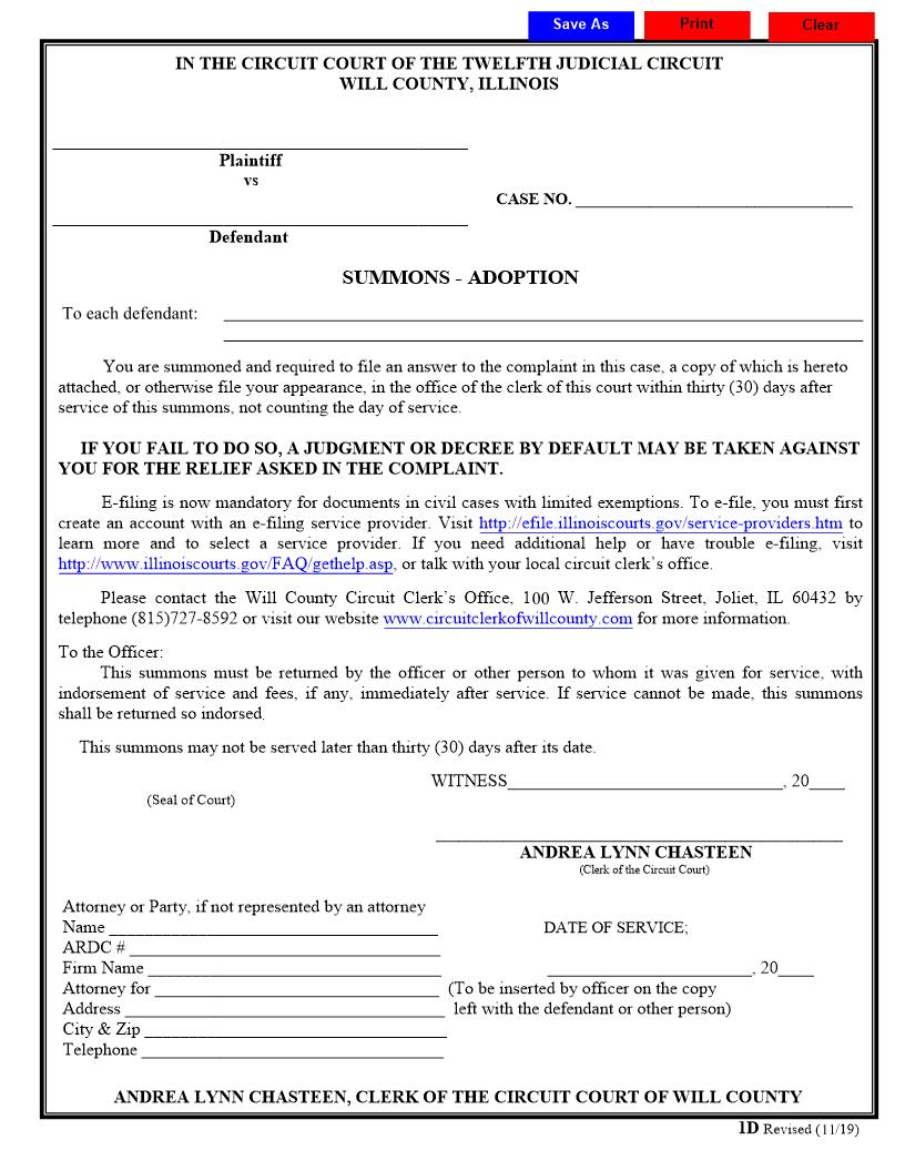 Summons - Adoption {1D} | Pdf Fpdf Docx | Illinois