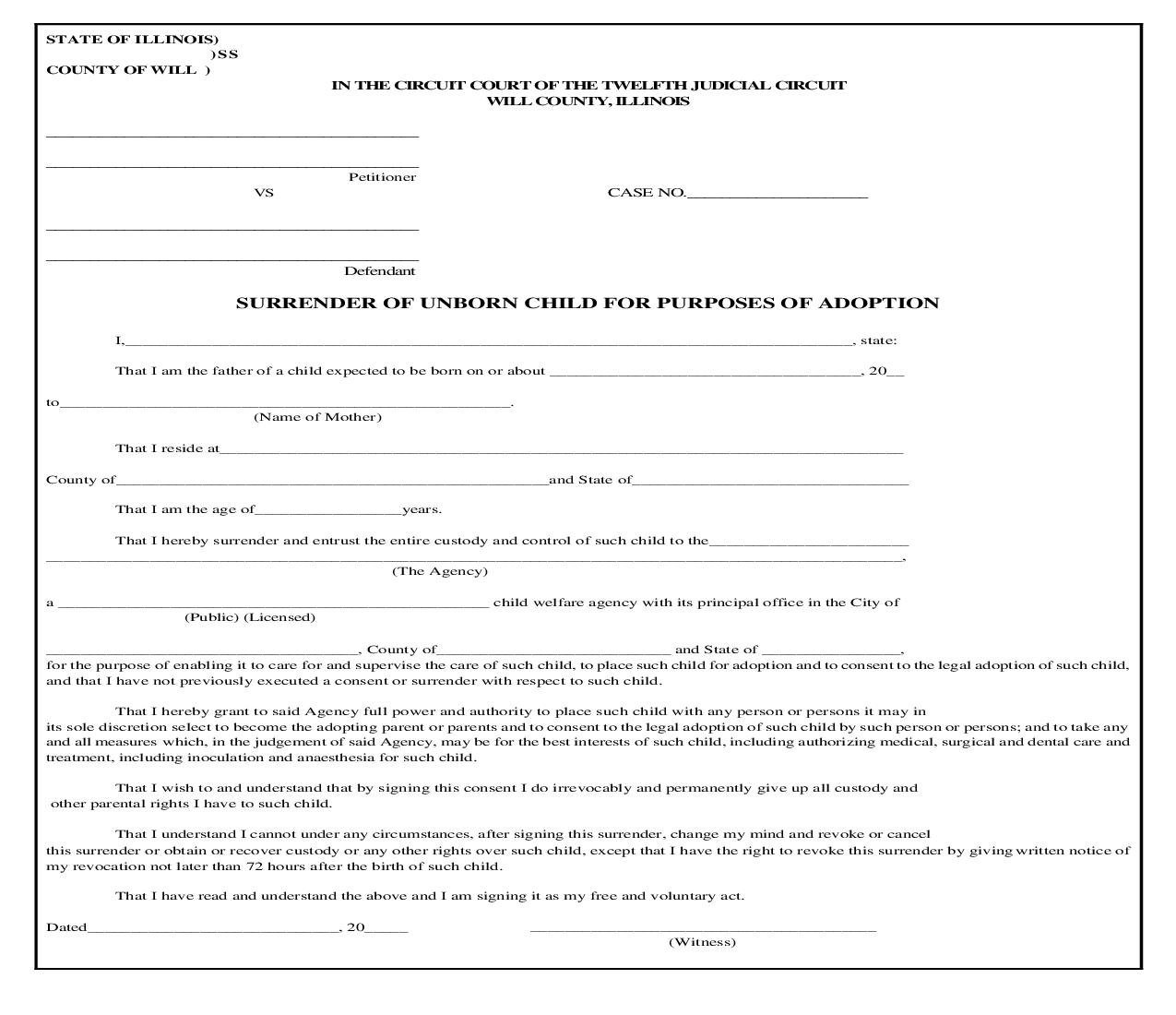 Surrender Of Unborn Child For Purposes Of Adoption | Pdf Fpdf Doc Docx | Illinois