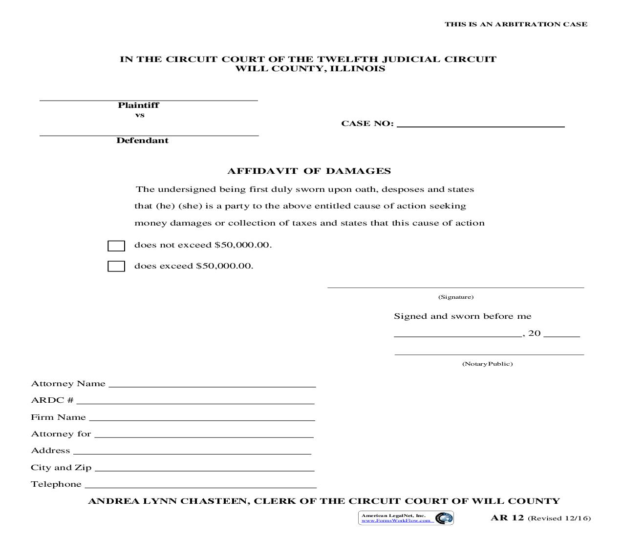 Affidavit Of Damages {AR-12} | Pdf Fpdf Doc Docx | Illinois