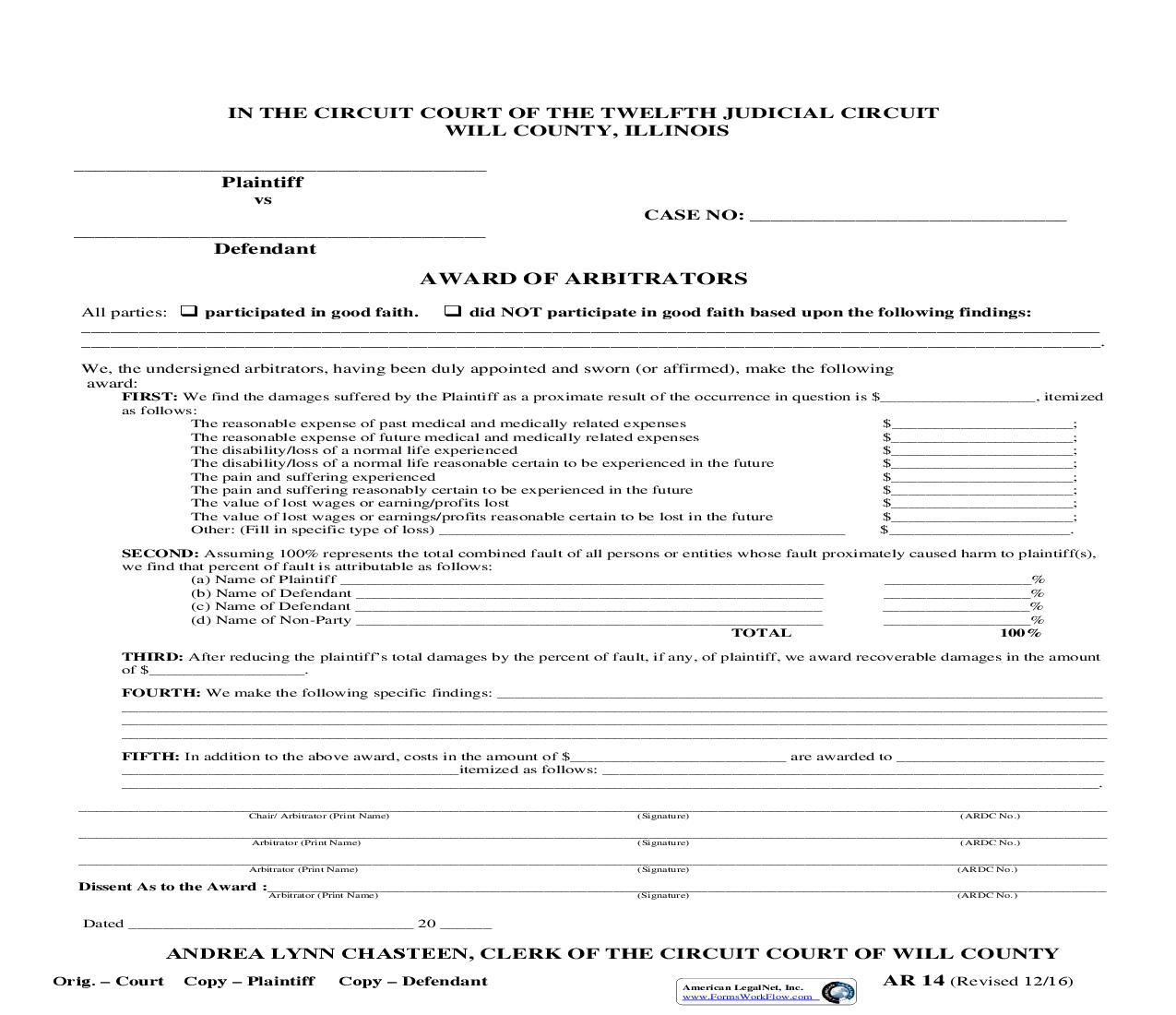 Award Of Arbitrators {AR-8} | Pdf Fpdf Doc Docx | Illinois