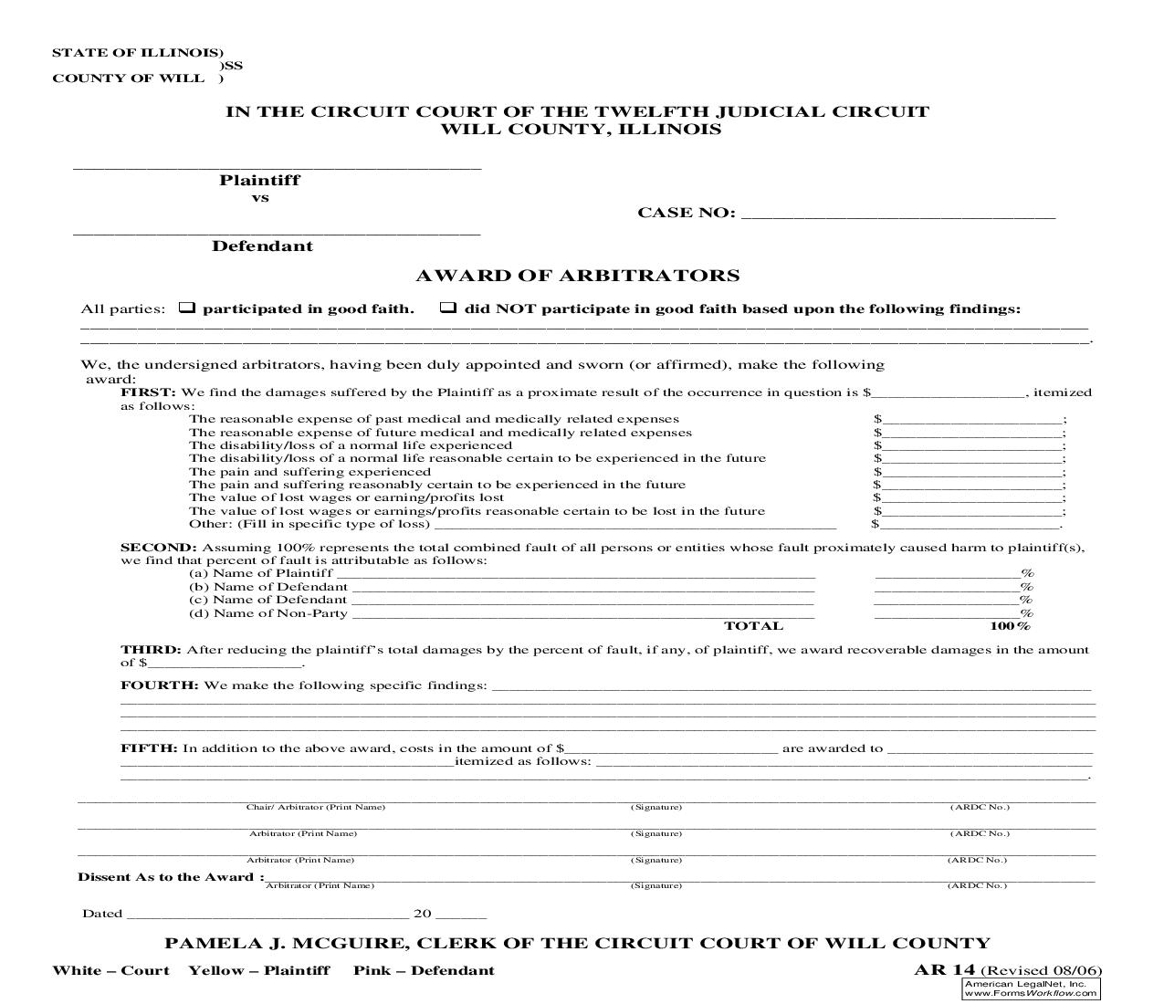 Award Of Arbitrators (Damages Awarded) {AR-14} | Pdf Fpdf Doc Docx | Illinois