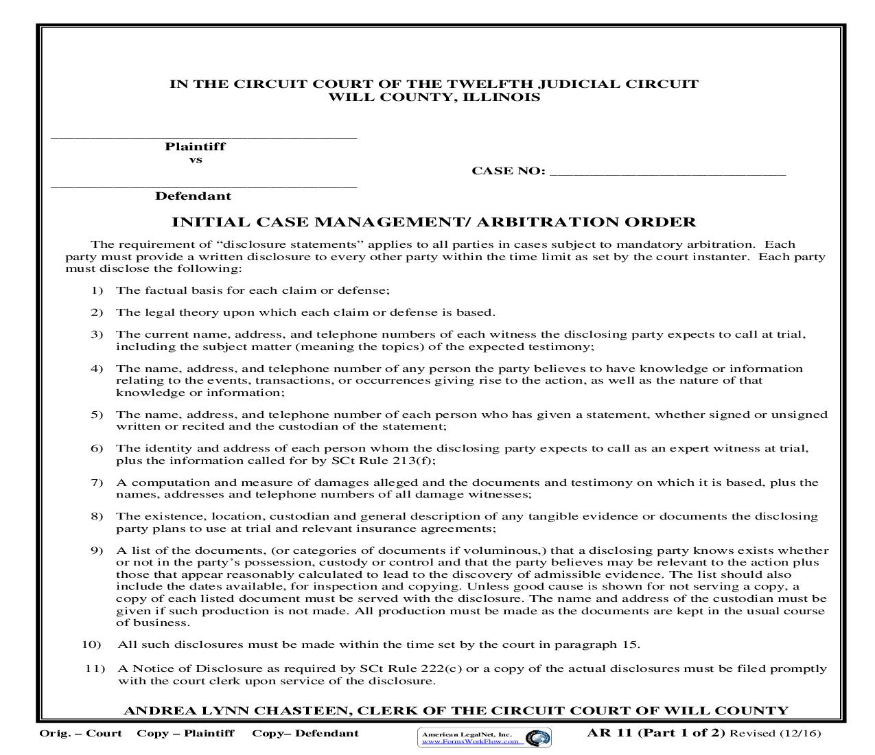 Initial Case Management - Arbitration Order {AR-11} | Pdf Fpdf Doc Docx | Illinois