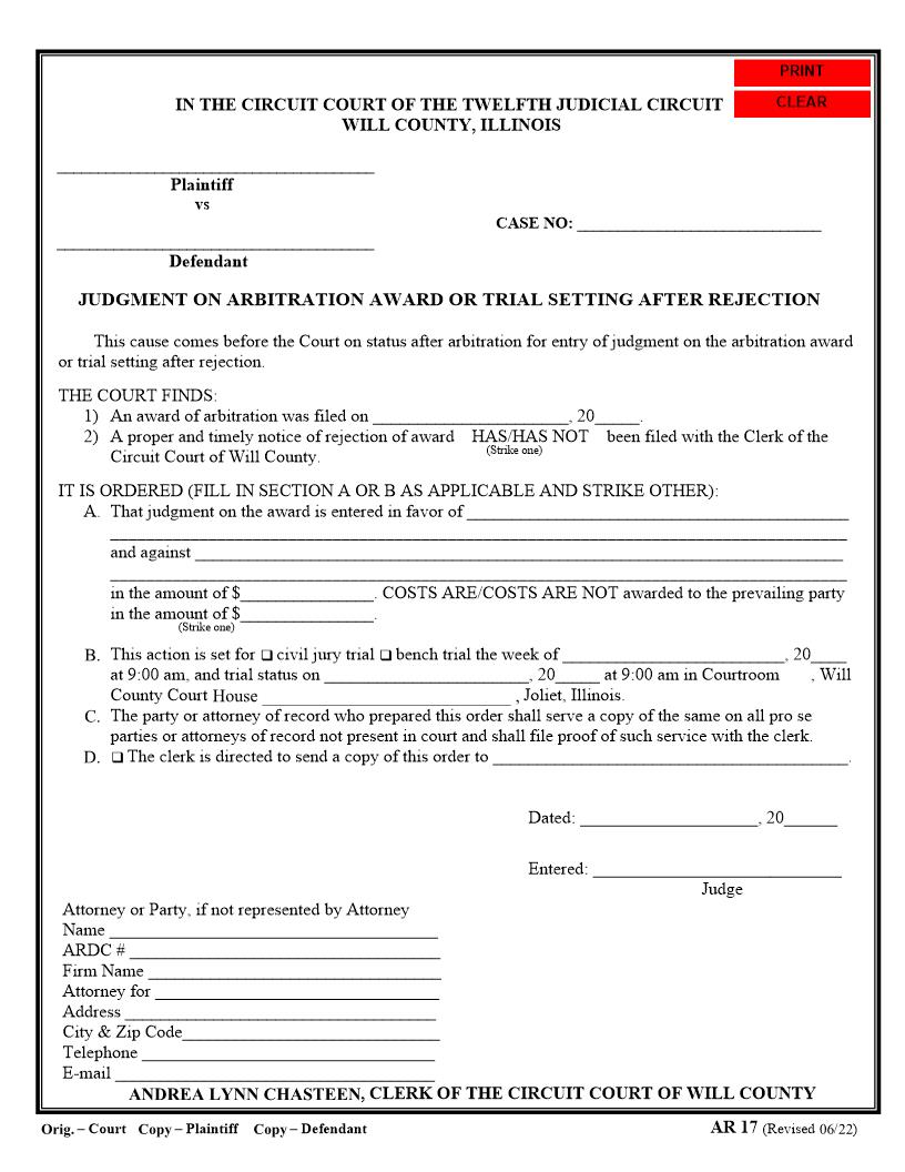 Judgment On Arbitration  Award Or Trial Setting After Rejection {AR 17} | Pdf Fpdf Doc Docx | Illinois