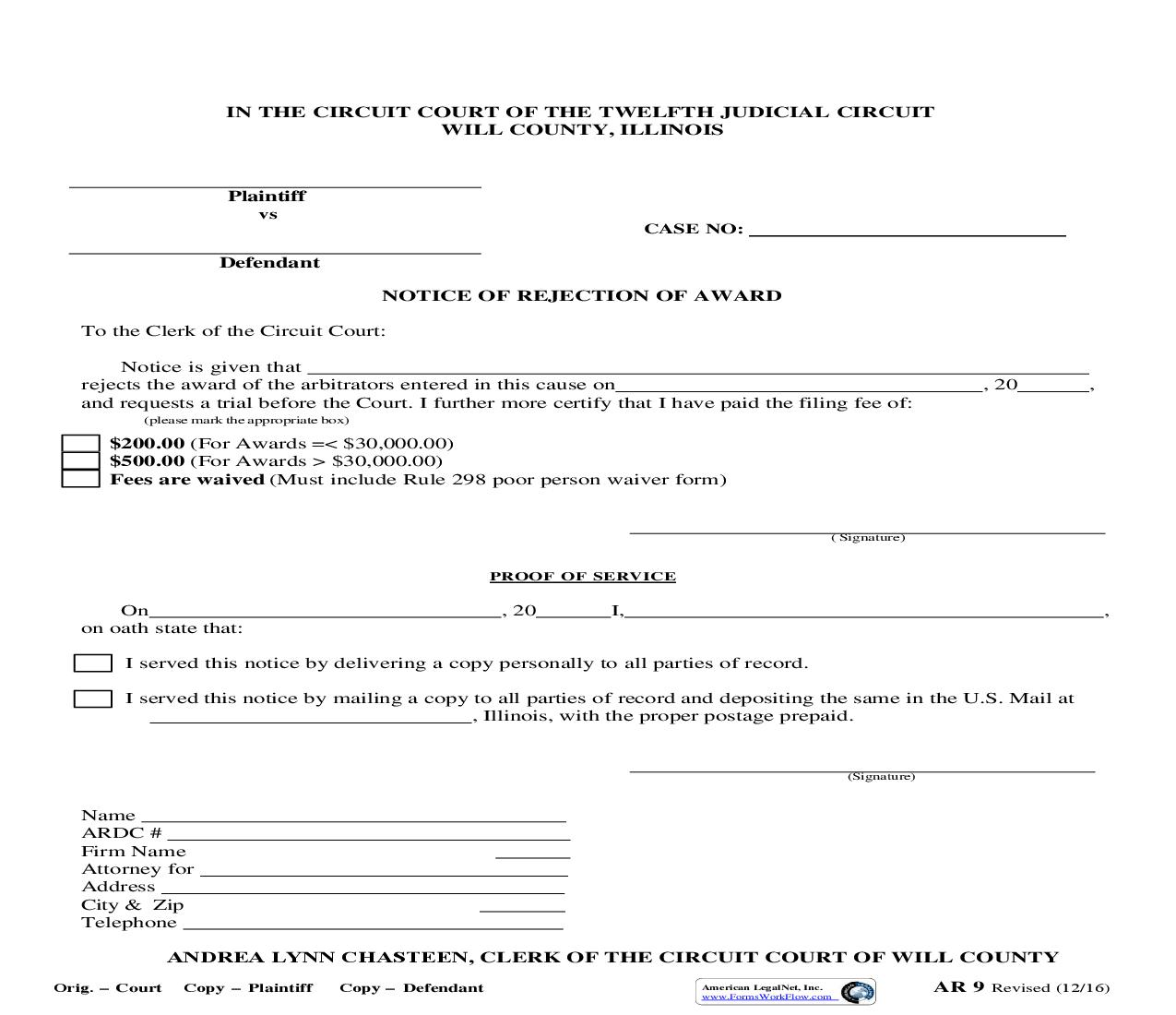 Notice Of  Rejection Of Award {AR-9} | Pdf Fpdf Doc Docx | Illinois