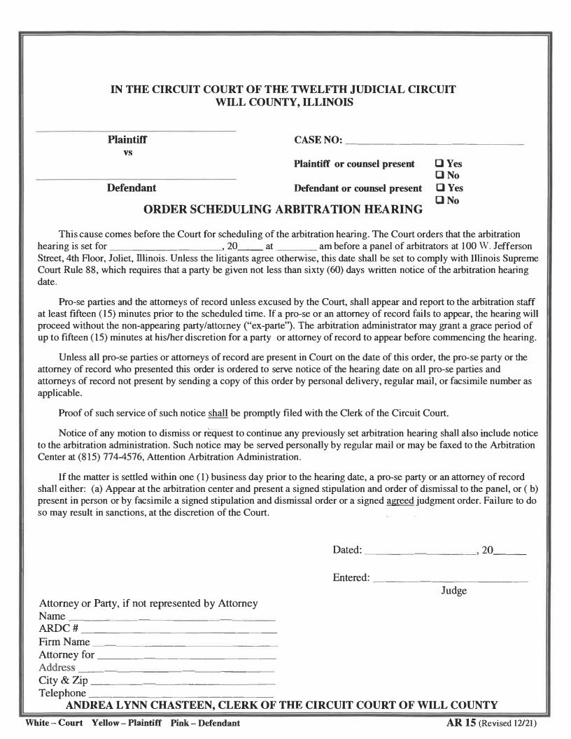Order Scheduling Arbitration Hearing {AR 15} | Pdf Fpdf Docx | Illinois