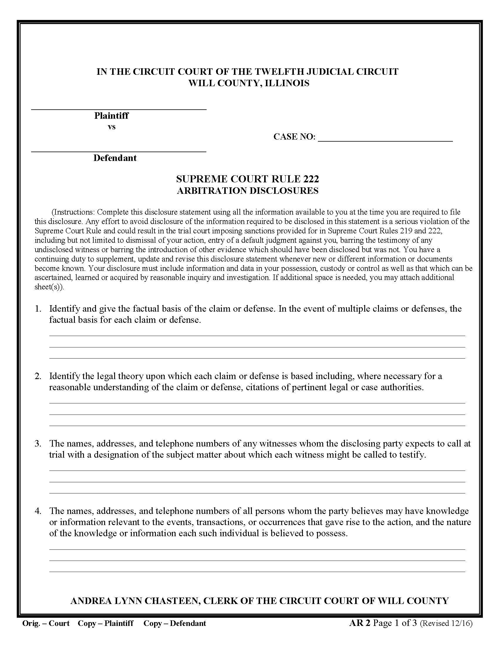Supreme Court Rule 222 Arbitration Disclosures {AR 2} | Pdf Fpdf Docx | Illinois