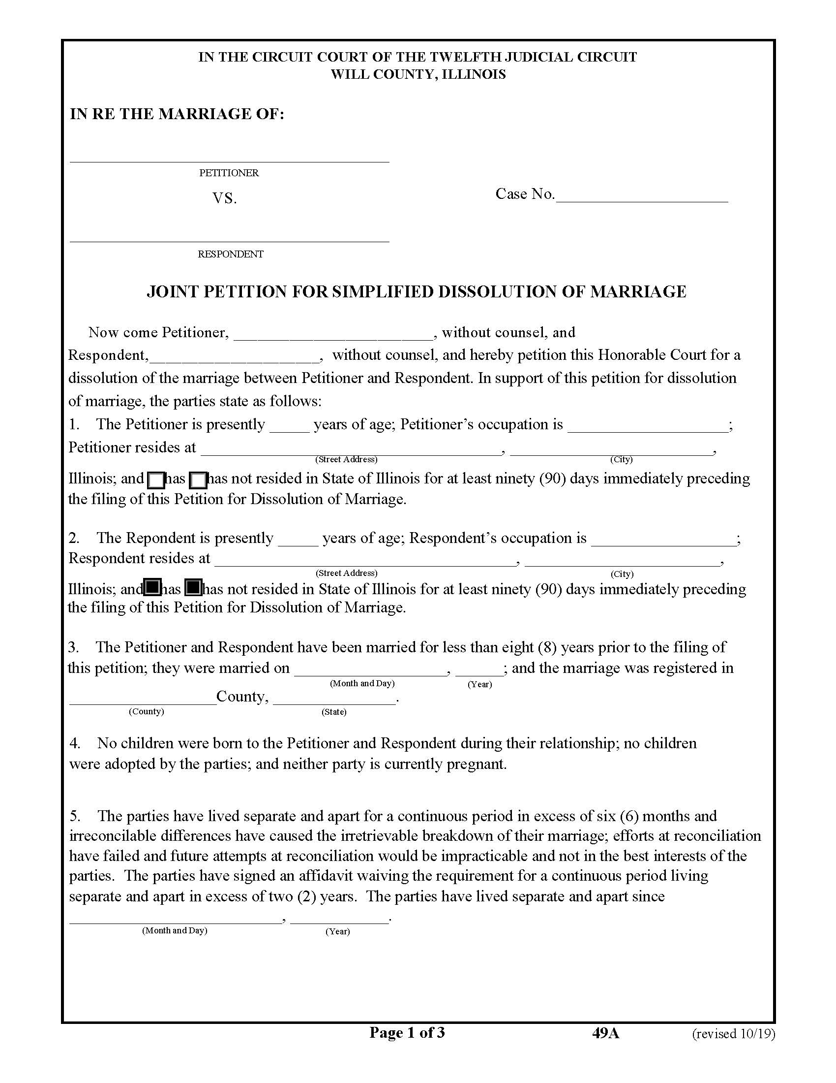 Joint Petition For Simplified Dissolution Of Marriage {49A} | Pdf Fpdf Doc Docx | Illinois
