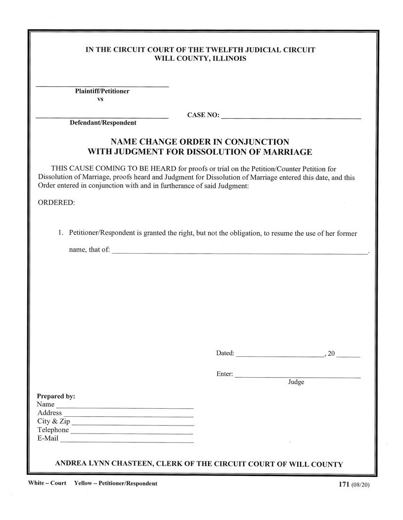 Name Change Order In Conjunction With Judgment For Dissolution Of Marriage {171} | Pdf Fpdf Docx | Illinois
