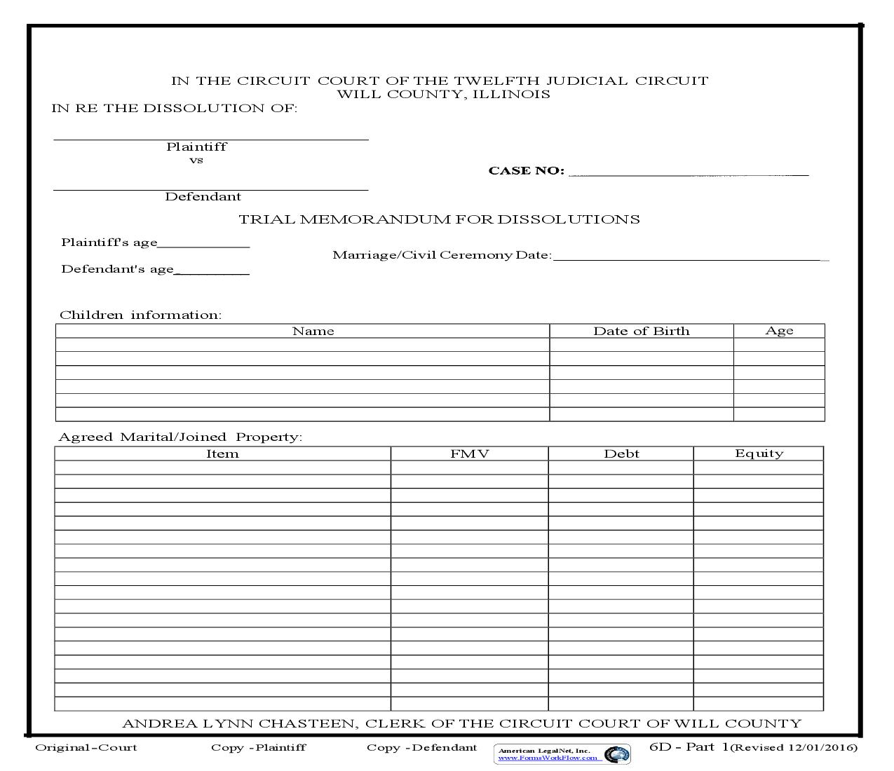 Trial Memorandum For Dissolutions {6D} | Pdf Fpdf Doc Docx | Illinois