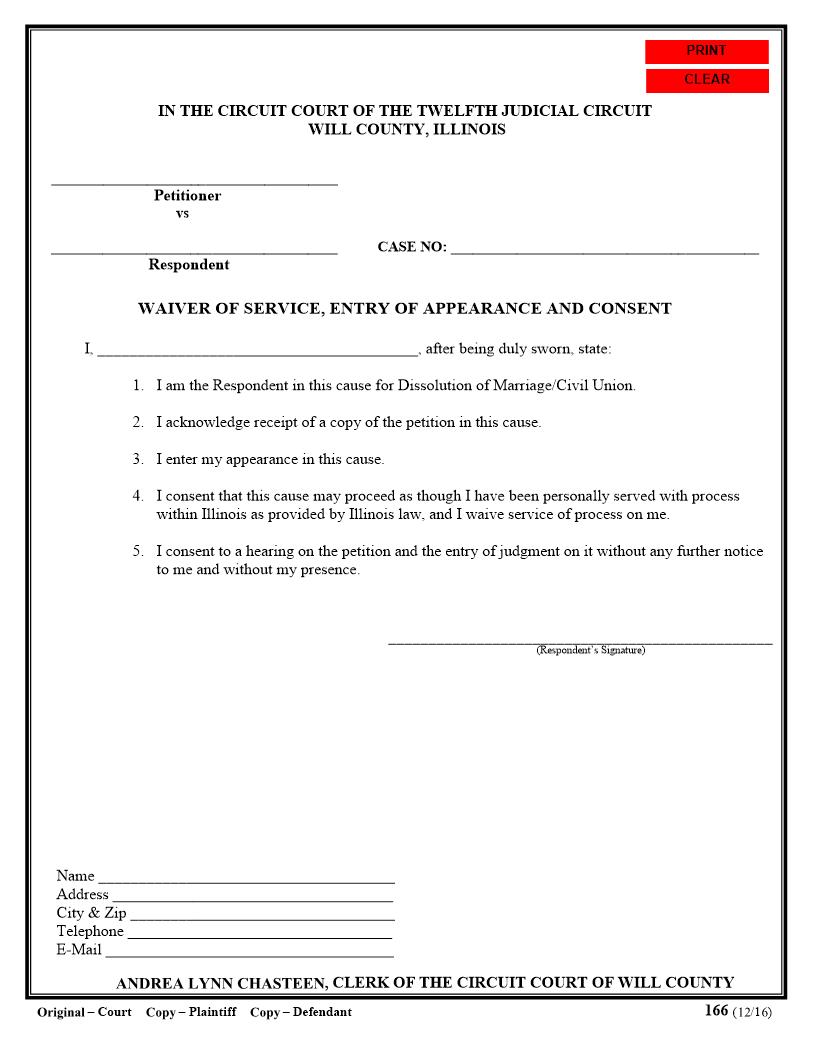 Waiver Of Service Entry Of Appearance And Consent {166} | Pdf Fpdf Docx | Illinois