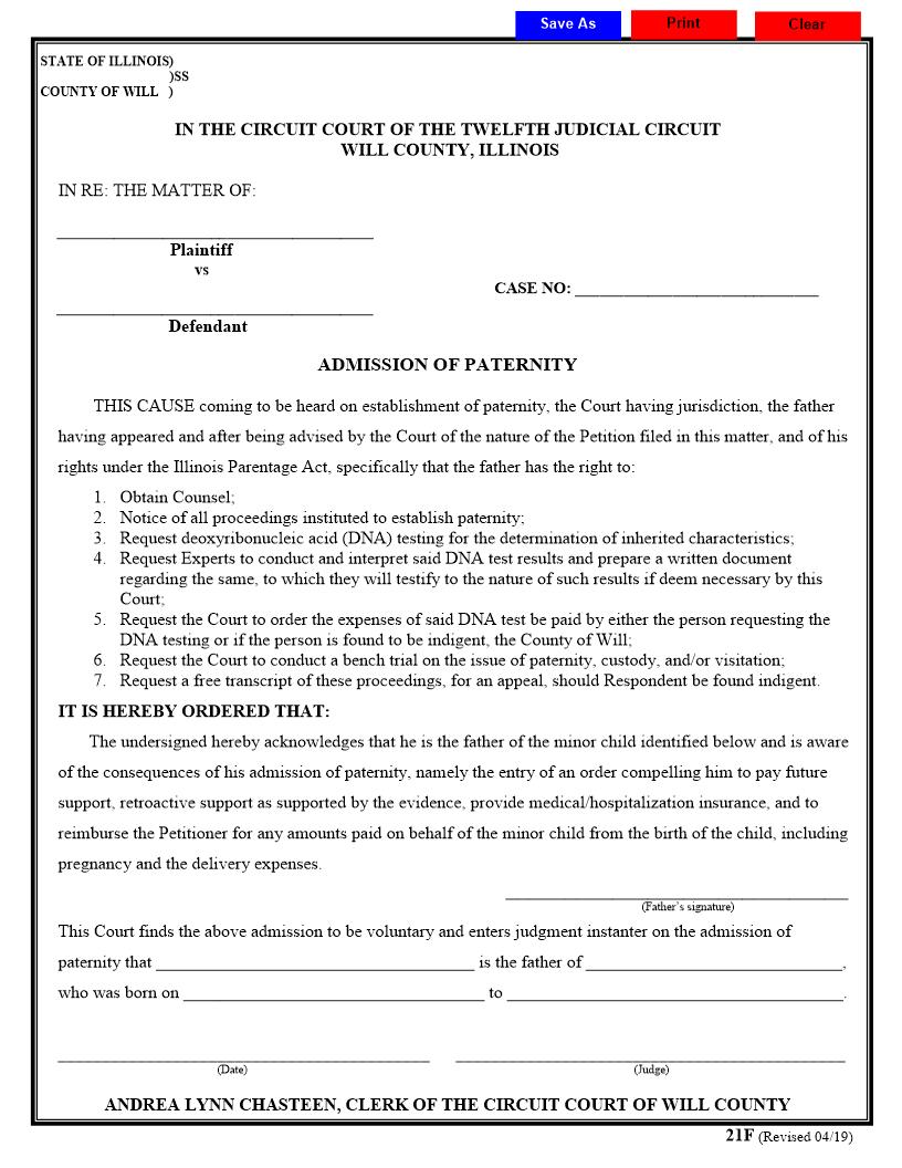Admission Of Paternity {21F} | Pdf Fpdf Doc Docx | Illinois