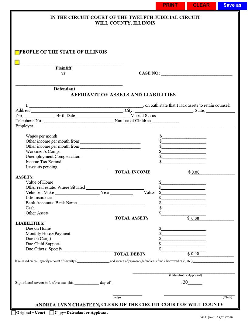 Affidavit Of Assets And Liabilities {26F} | Pdf Fpdf Docx | Illinois