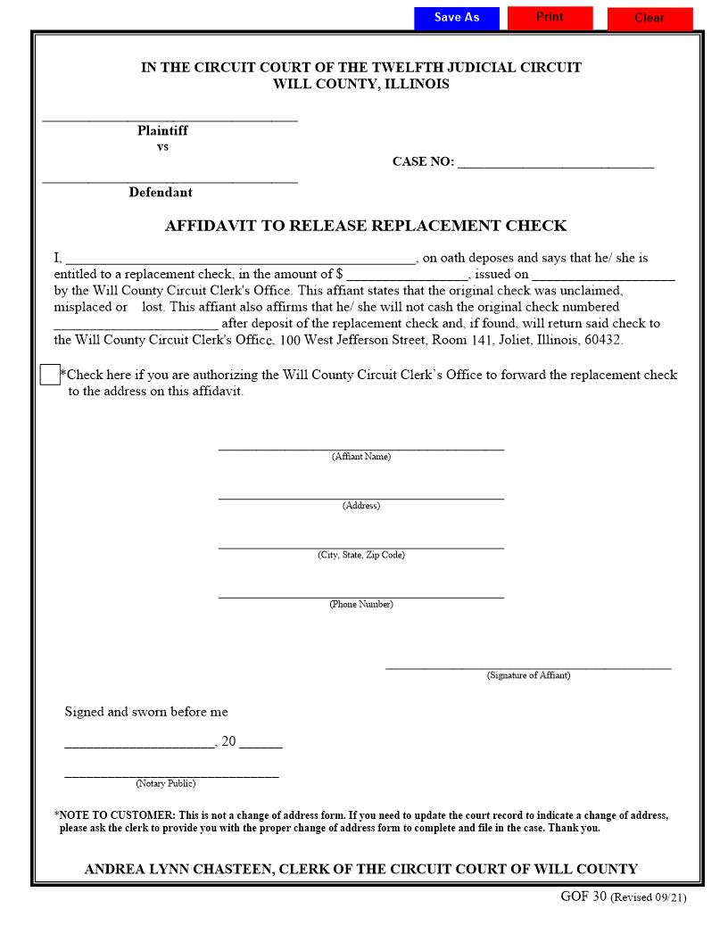 Affidavit To Release Replacement Check {GOF 30} | Pdf Fpdf Docx | Illinois