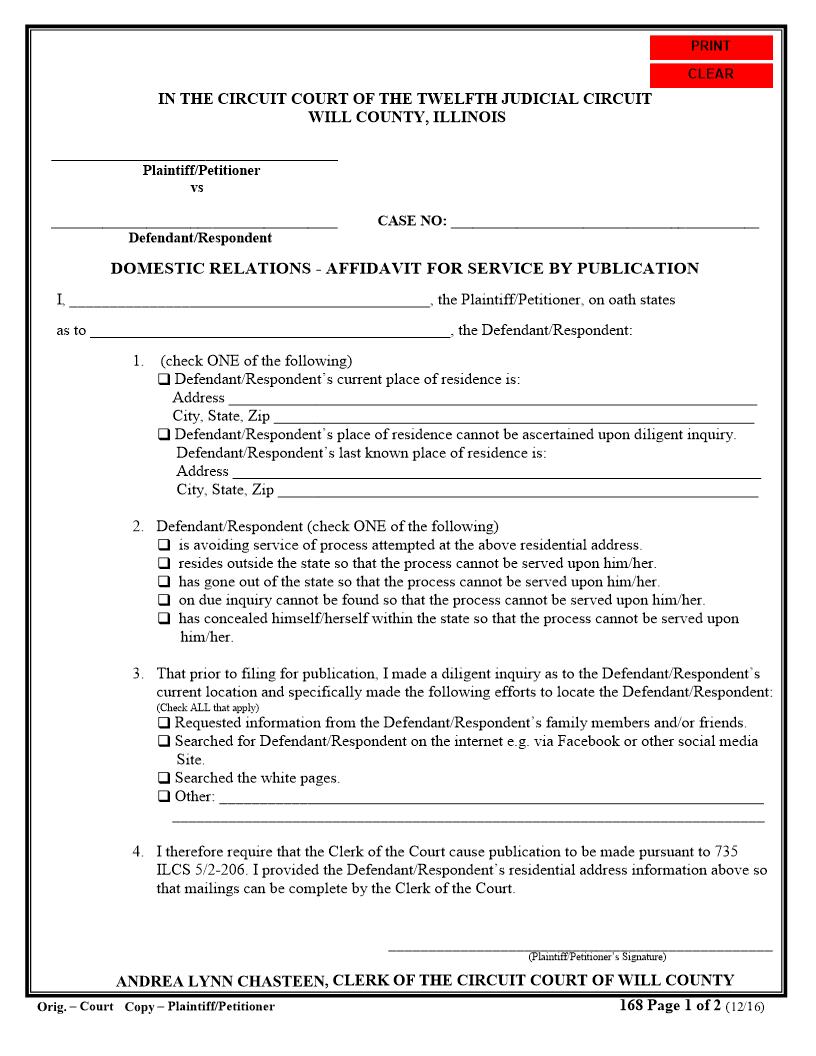 Domestic Relations Affidavit For Service By Publication {168} | Pdf Fpdf Docx | Illinois