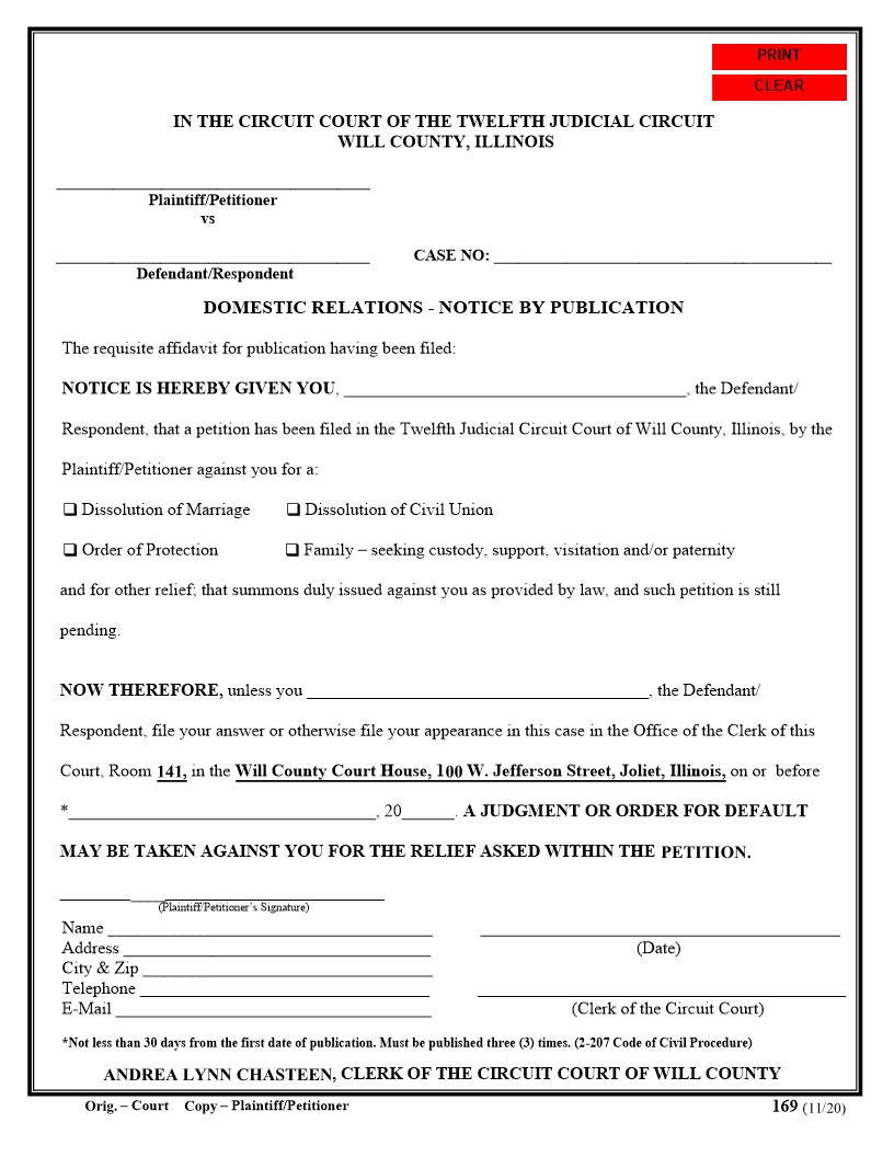 Domestic Relations Notice By Publication {169} | Pdf Fpdf Docx | Illinois