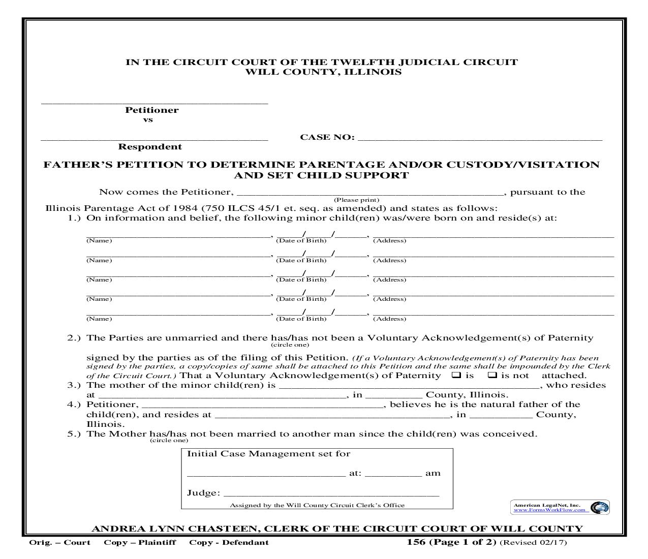 Fathers Petition To Determine Parentage And-Or Custody-Visitation And Set Child Support {156} | Pdf Fpdf Doc Docx | Illinois