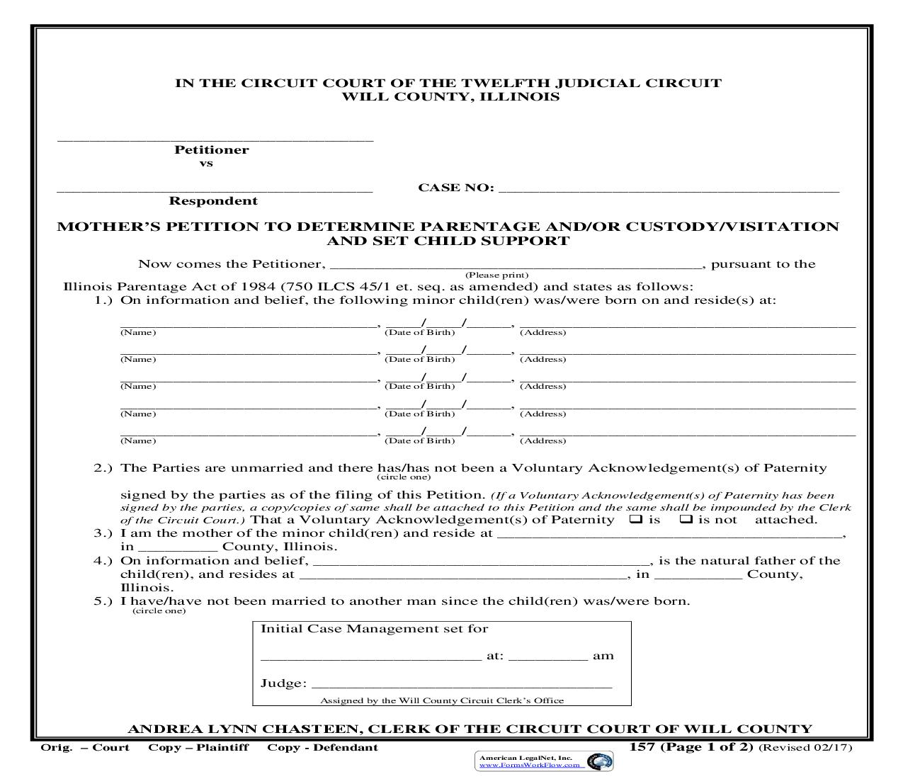 Mothers Petition To Determine Parentage And-Or Custody-Visitation And Set Child Support {157} | Pdf Fpdf Doc Docx | Illinois