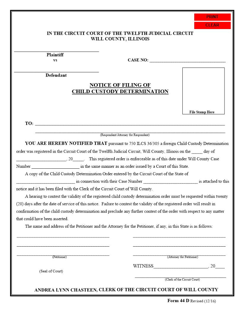 Notice Of Filing Of (Foreign) Child Custody Determination {44 D} | Pdf Fpdf Docx | Illinois