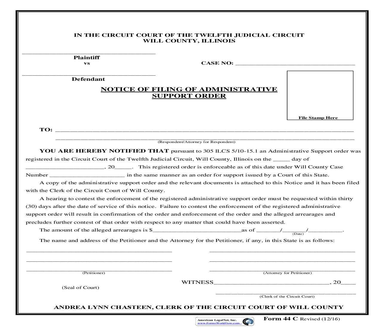 Notice Of Filing Of Administrative Support Order {44C} | Pdf Fpdf Doc Docx | Illinois