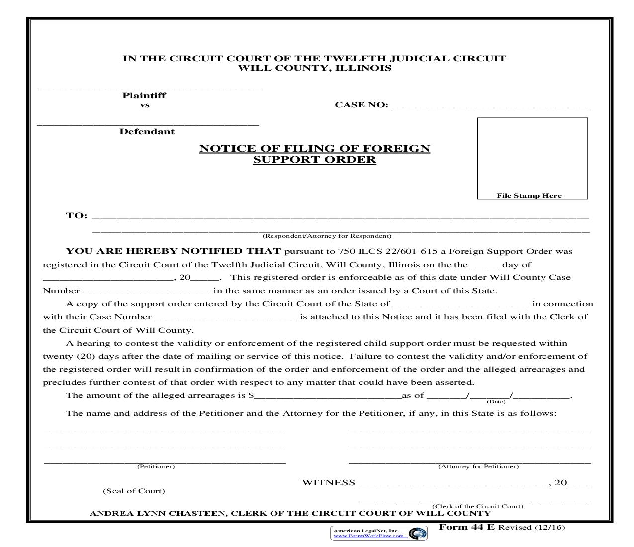Notice Of Filing Of Foreign Support Order {44E} | Pdf Fpdf Doc Docx | Illinois