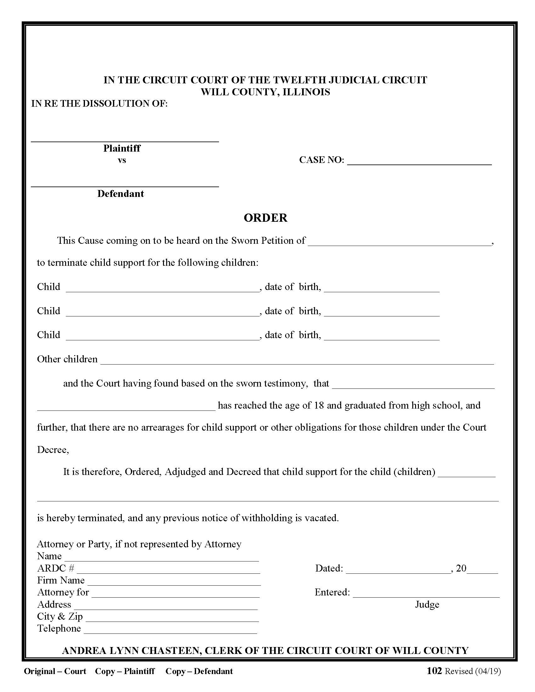 Order (To Terminate Child Support - Multiple Children) {102} | Pdf Fpdf Doc Docx | Illinois
