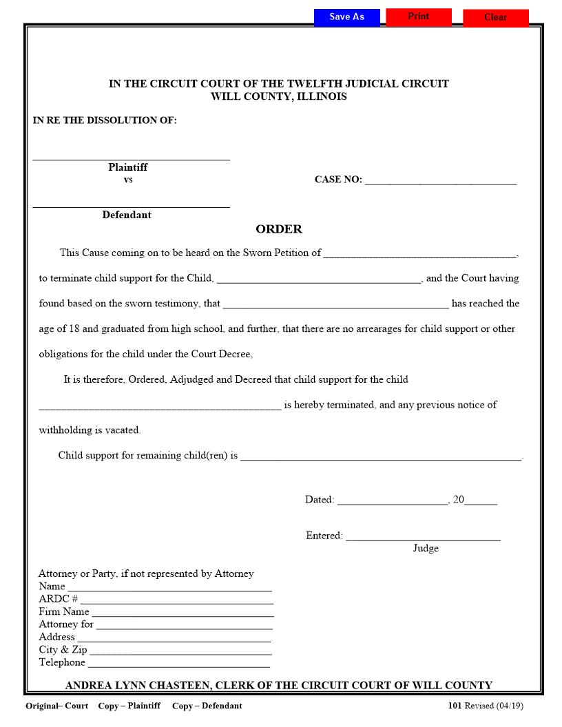 Order (To Terminate Child Support) {101} | Pdf Fpdf Docx | Illinois