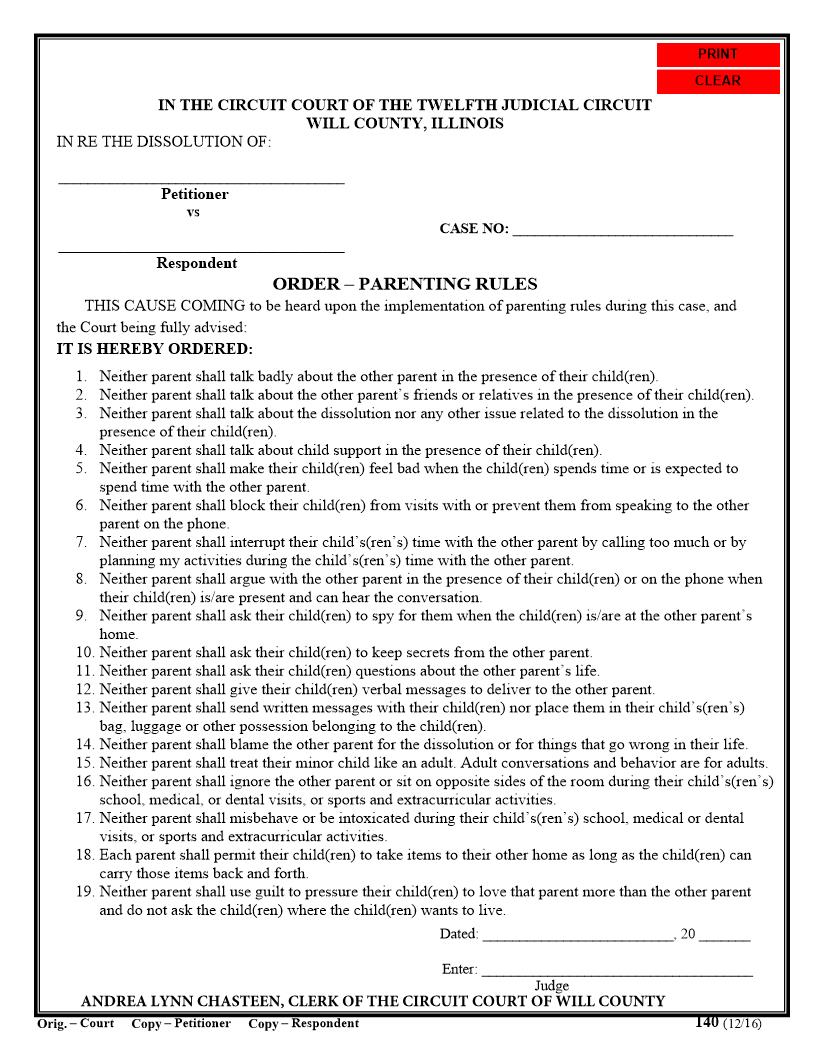 Order - Parenting Rules {140} | Pdf Fpdf Docx | Illinois