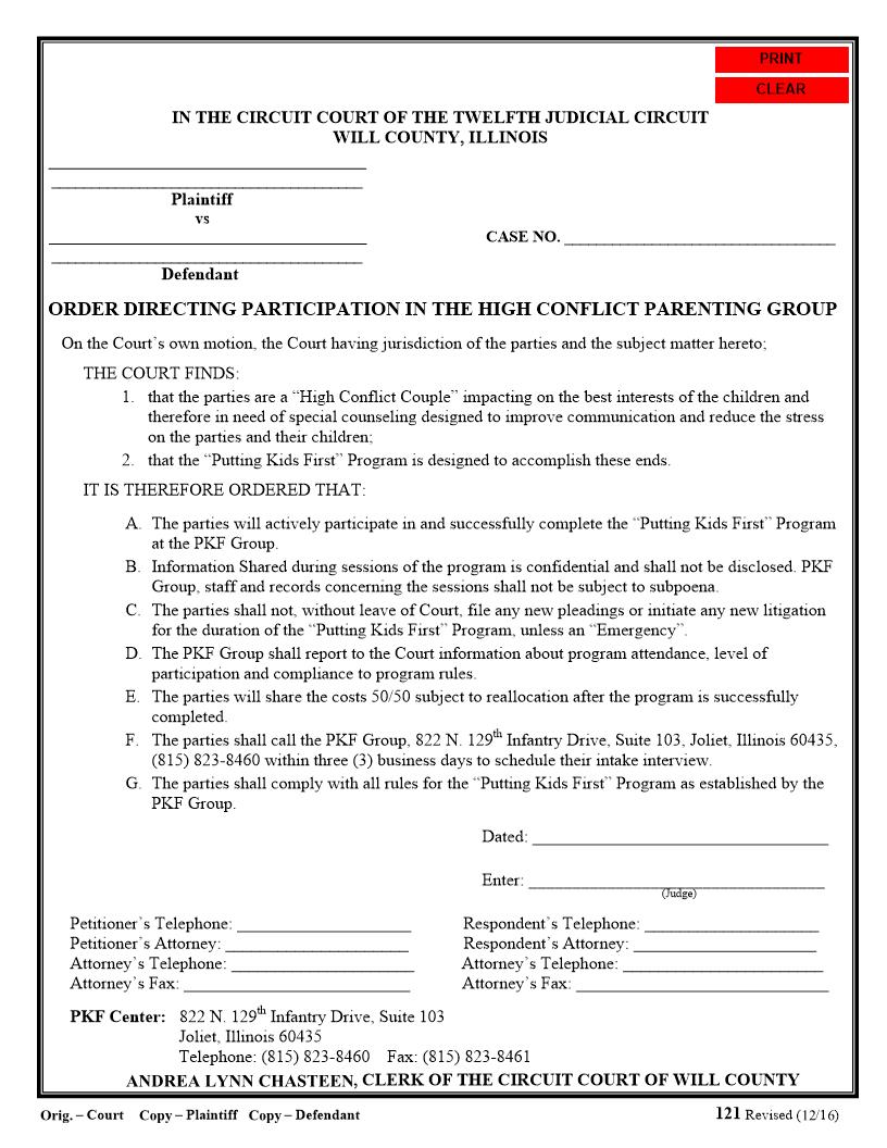 Order Directing Participation In The High Conflict Parenting Group {121} | Pdf Fpdf Docx | Illinois