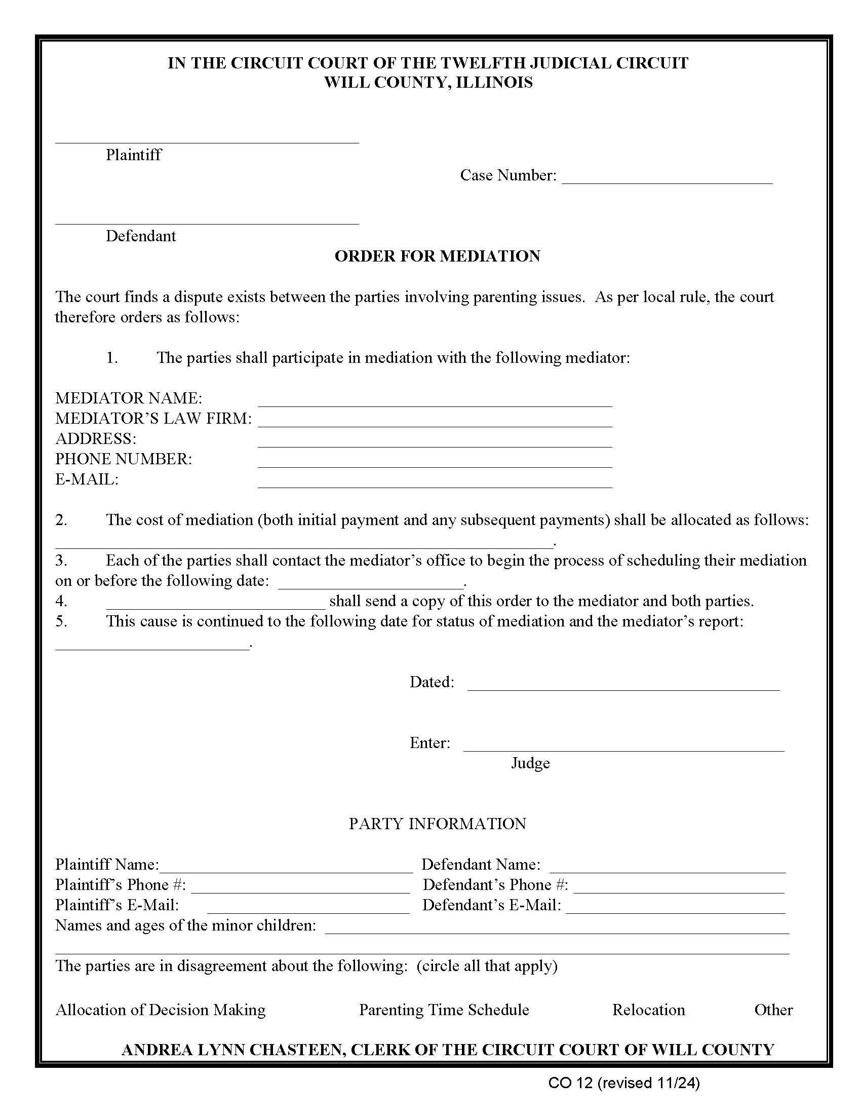 Order For Mediation (Family Law) {CO 12} | Pdf Fpdf Doc Docx | Illinois