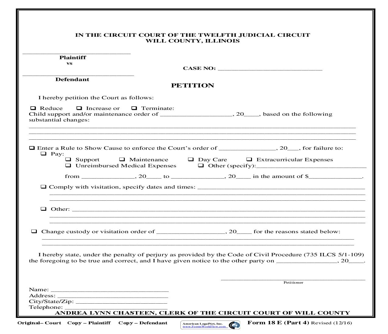 Petition (To Reduce-Increase-Terminate Child Support) {18 E Part 4} | Pdf Fpdf Doc Docx | Illinois