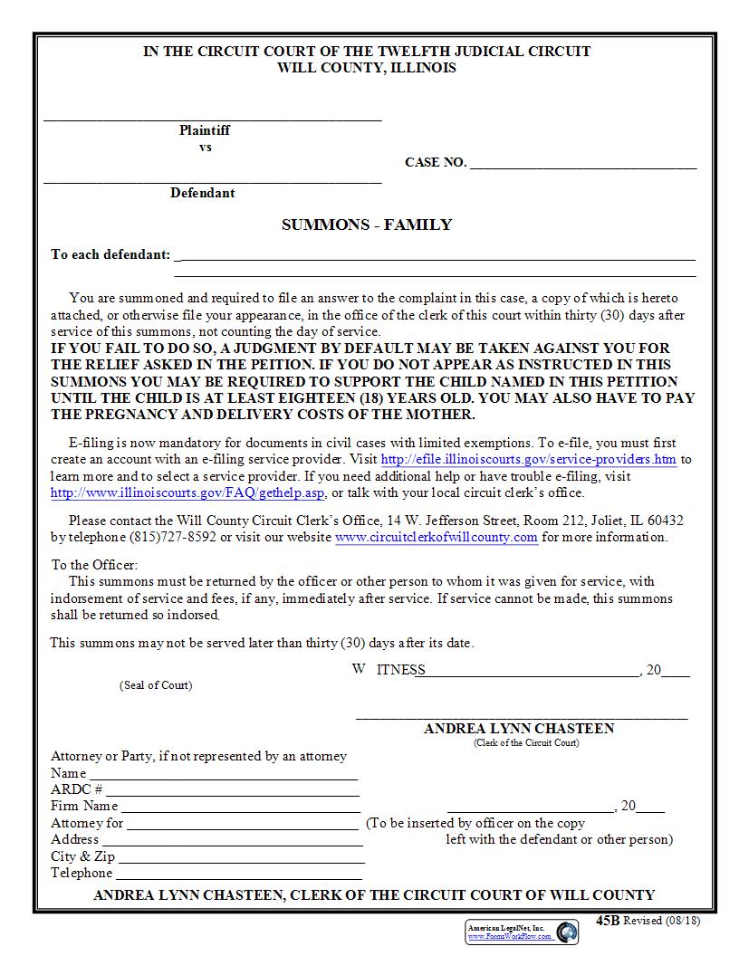 Summons Family {45B} | Pdf Fpdf Docx | Illinois