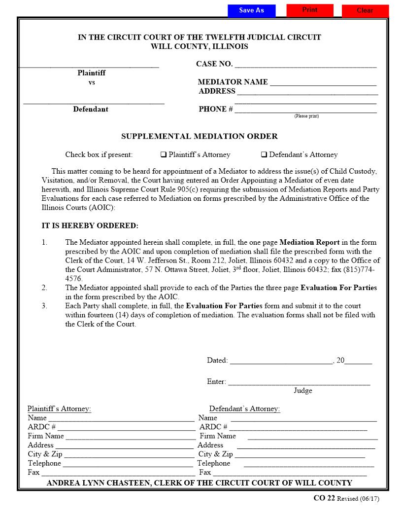 Supplemental Mediation Order {CO 22} | Pdf Fpdf Docx | Illinois