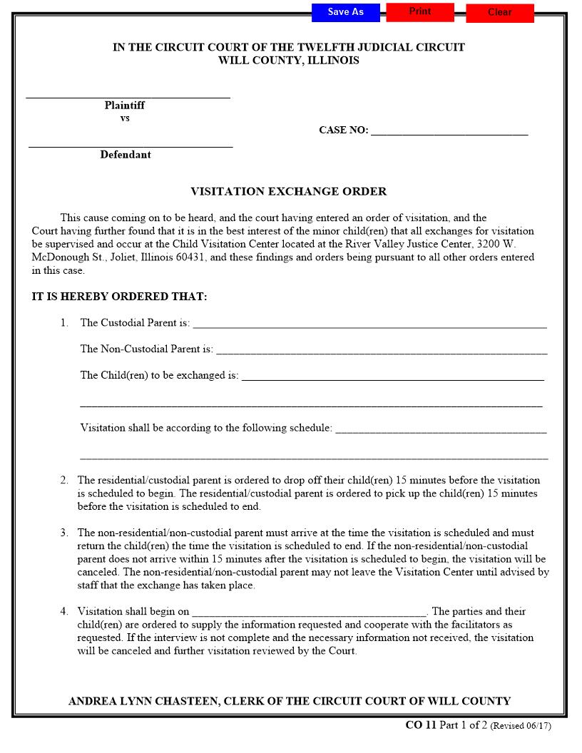 Visitation Exchange Order {CO 11} | Pdf Fpdf Docx | Illinois