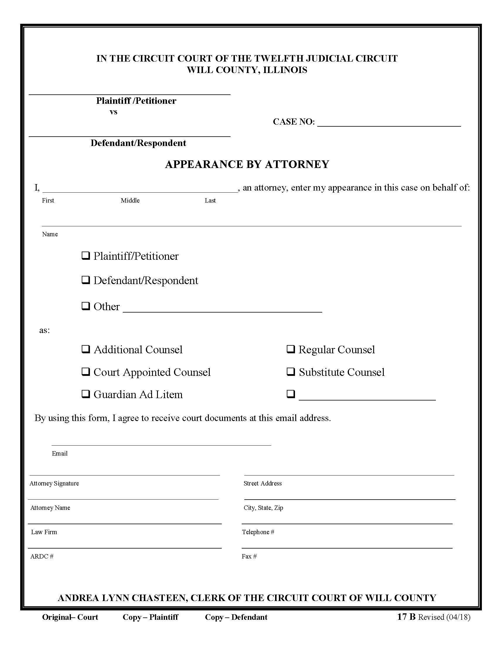 Appearance By Attorney {17B} | Pdf Fpdf Docx | Illinois