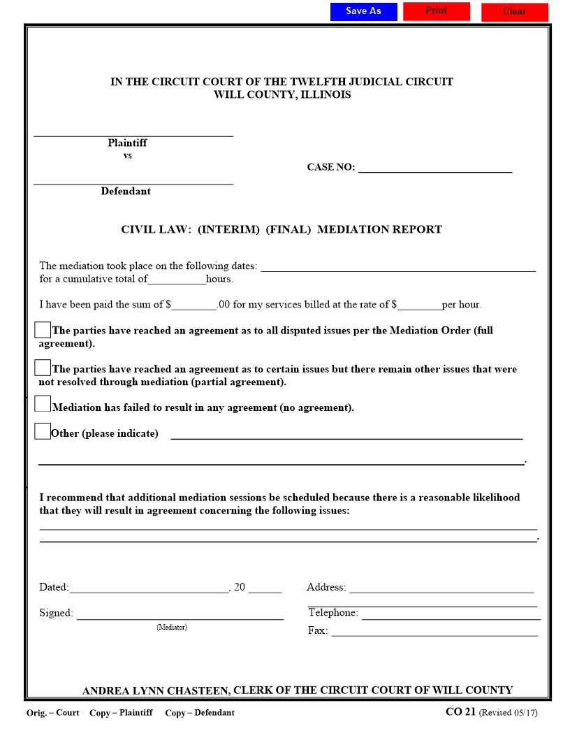 Civil Mediation Report {CO 21} | Pdf Fpdf Docx | Illinois
