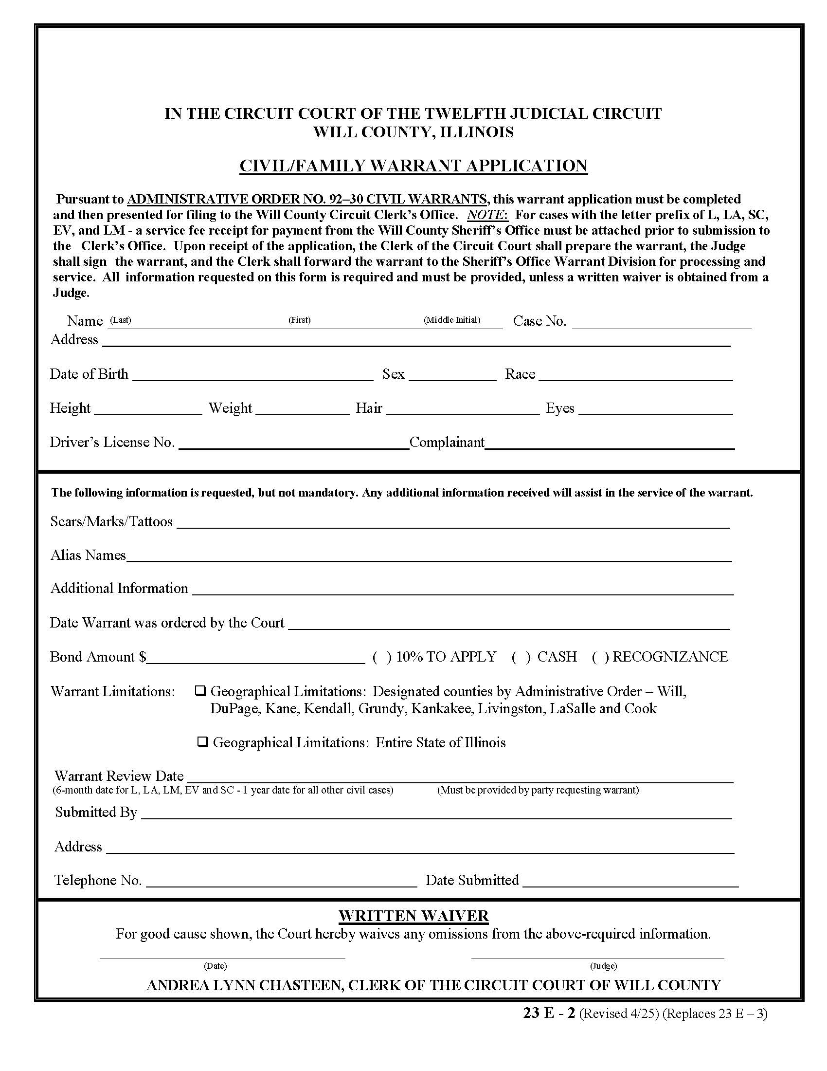 Civil-Family Warrant Application {23 E-2} | Pdf Fpdf Docx | Illinois