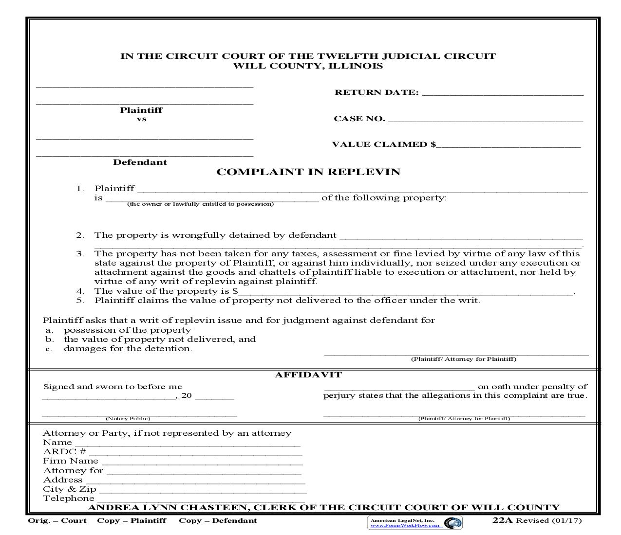 Complaint in Replevin {22A} | Pdf Fpdf Doc Docx | Illinois